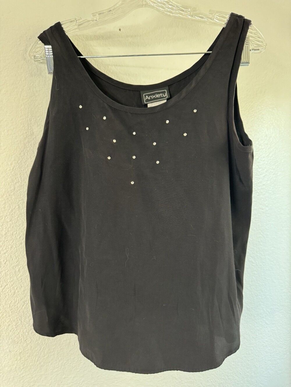 Vintage Anxiety Tank Top Womens Black Rhinestone Y2K Large Usa Made
